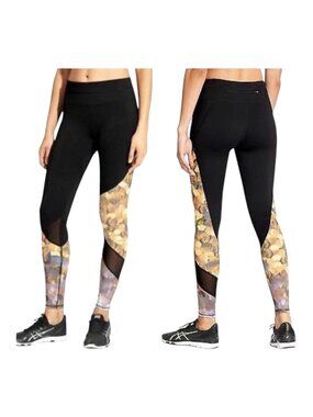 Athleta Sonar Leggings Black Mesh Panel Asym Print Yoga Runnning XS